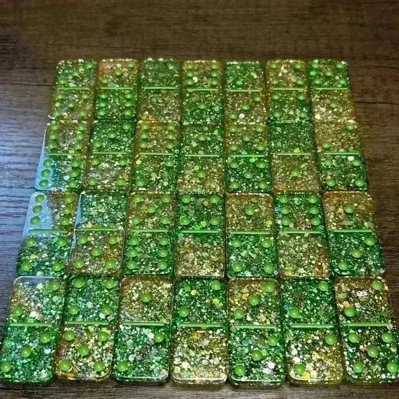 Green & Gold Holographic Sparkle Hand Crafted 28 Piece Domino Set - Picture 3 of 3